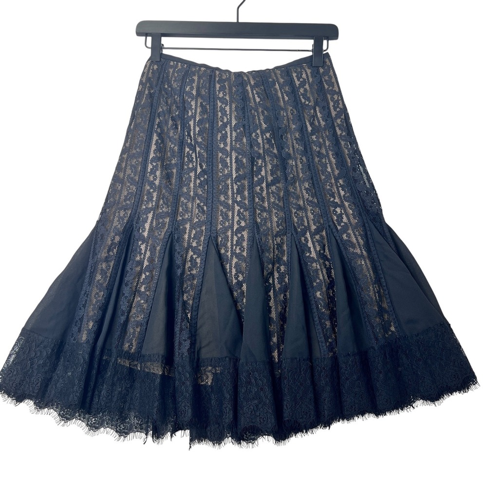 Ann Taylor LOFT Black Floral Lace A-Line Skirt 2P Paneled Eyelash Trim Romantic‎